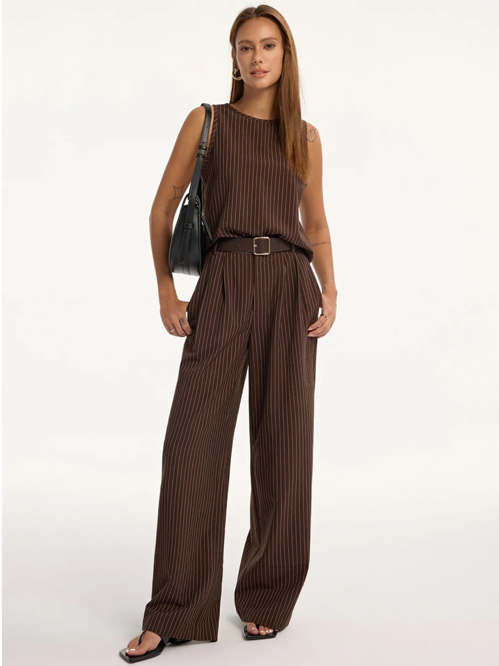 Commense Brown Pinstripe Top & Pants Set S | Office Siren Tailored Set - Picture 3 of 9